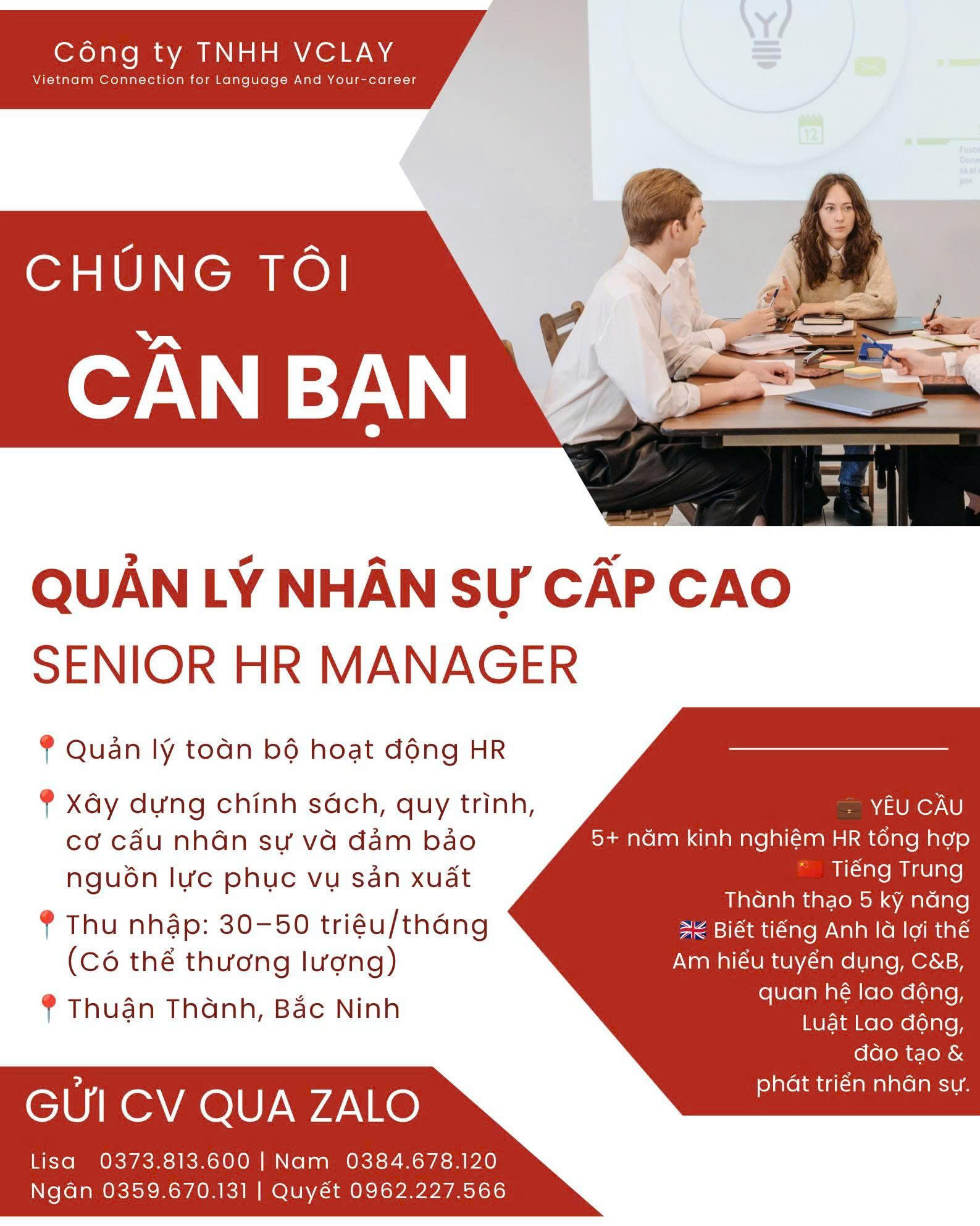 Tuyển Senior HR Manager tại Thuận Thành Bắc Ninh lương 30 đến 50 triệu